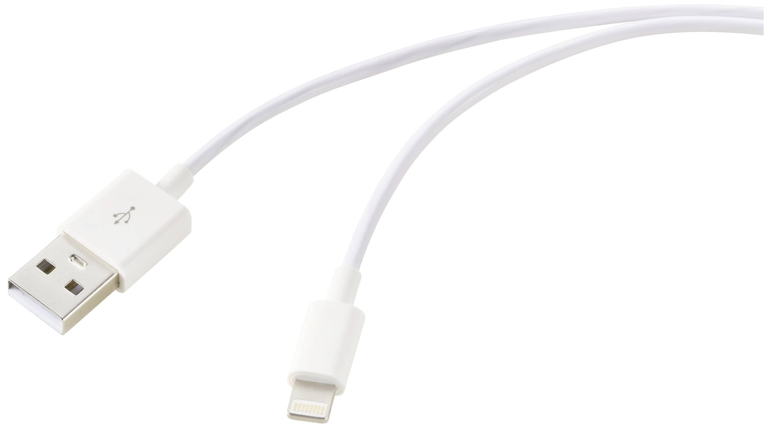 Bílý USB kabel s USB-A konektorem na jedné straně a Lightning konektorem na straně druhé.