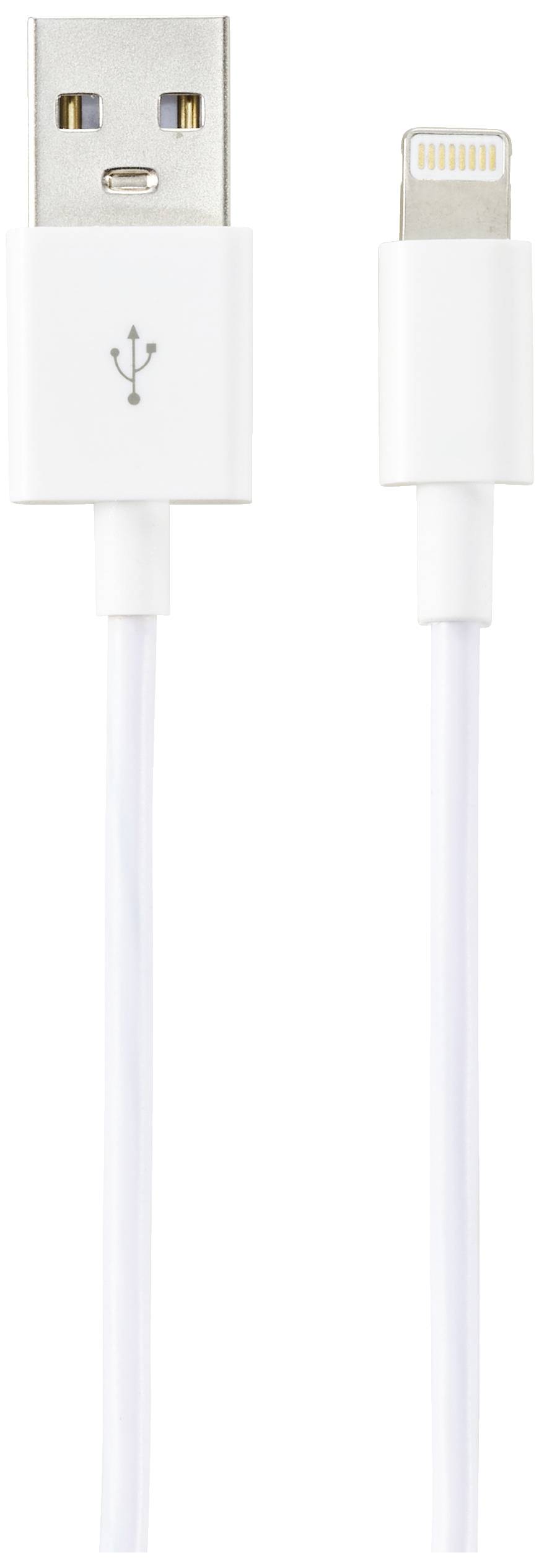 Bílý USB kabel s USB-A konektorem na jedné straně a Lightning konektorem na straně druhé.