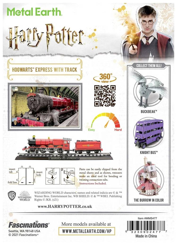Zadní strana stavebnice Metal Earth Harry Potter. Zobrazuje model Bradavického expresu, indikátor obtížnosti, spolu se sběratelskými modely.