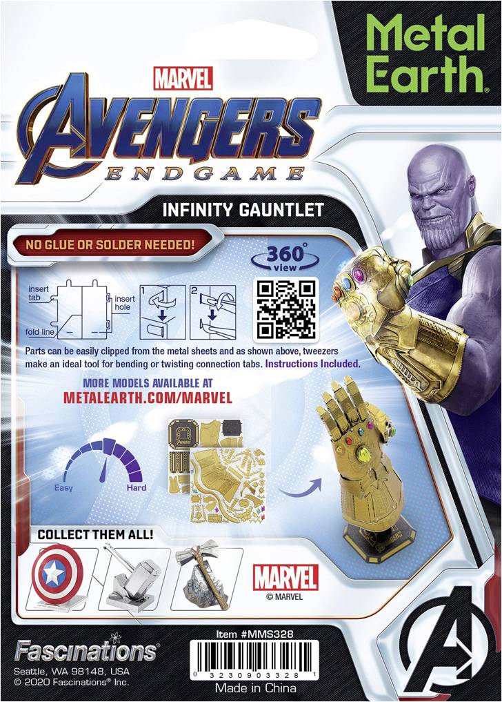 Sada pro stavbu 3D modelu Rukavice nekonečna z filmu "Avengers: Endgame", která nevyžaduje lepení ani pájení. Hotový model zobrazuje Thanose s rukavicí.