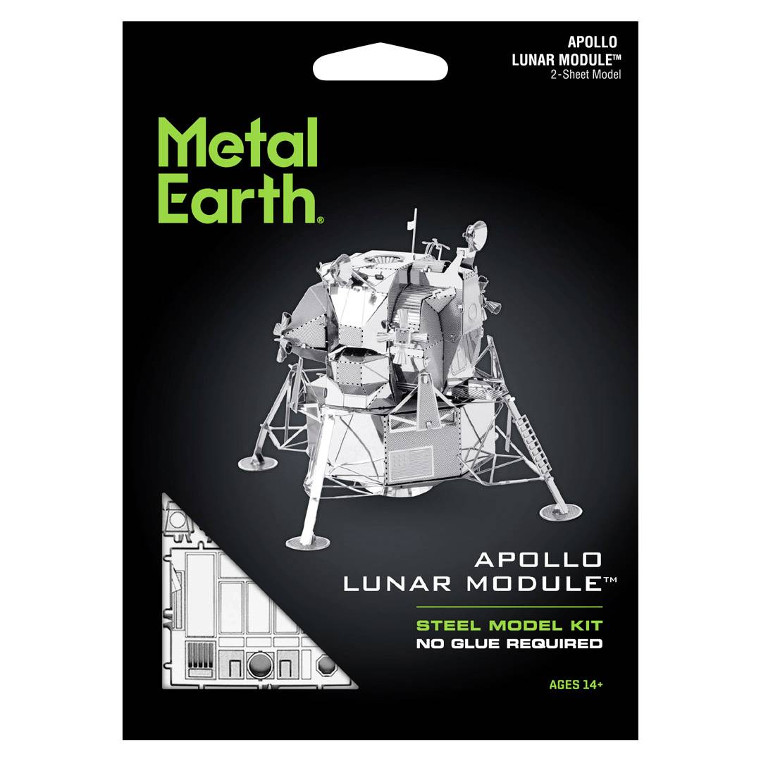 Stavebnice modelu 'Metal Earth Apollo Lunar Module'. Ocelová sada, není třeba lepidlo. Pro věk 14+. Reprezentace lunárního modulu.