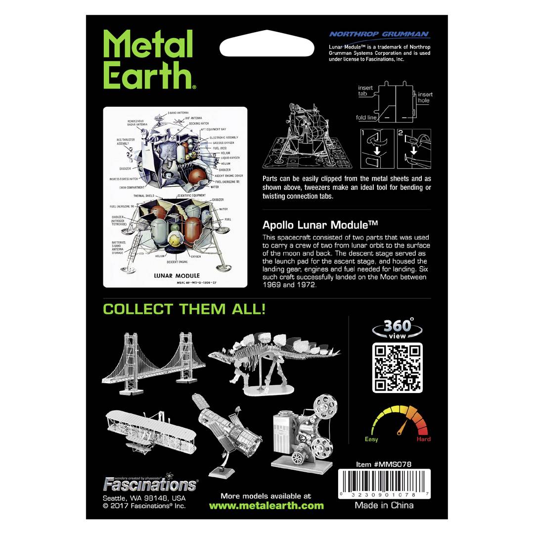 Obal 'Metal Earth Apollo Lunar Module'. Zobrazuje model ze všech stran. Nahoře: informace a poznámky, text o misích NASA Apollo.