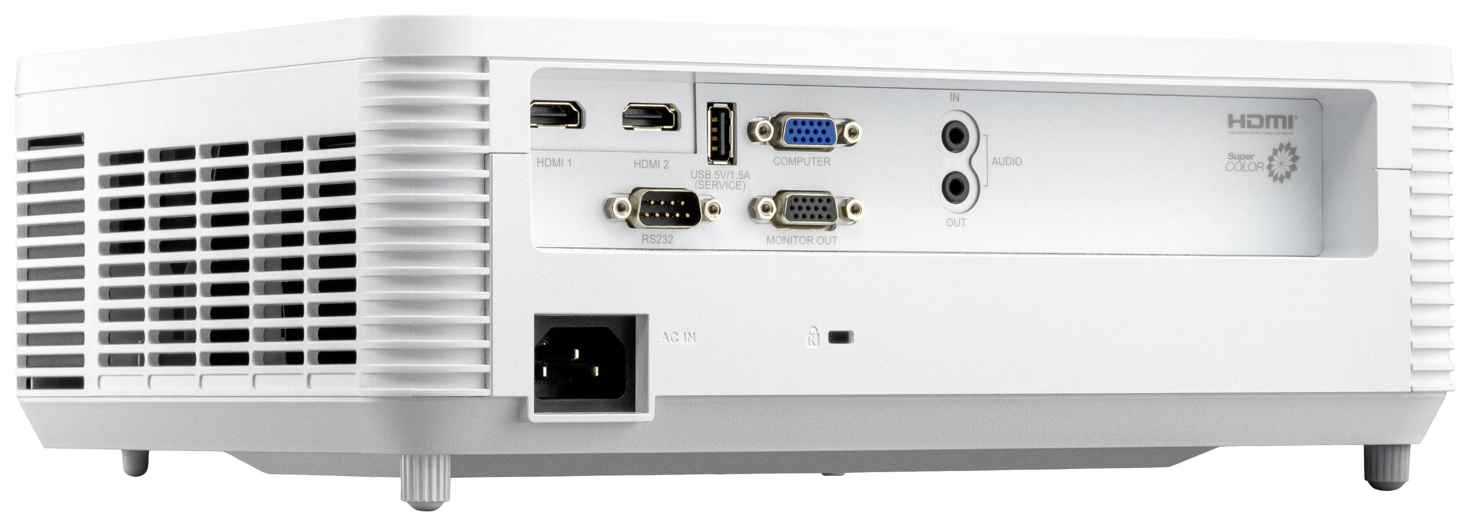 Zadní pohled na bílý projektor s různými konektory, včetně HDMI, VGA a USB, pro připojení externích zařízení.