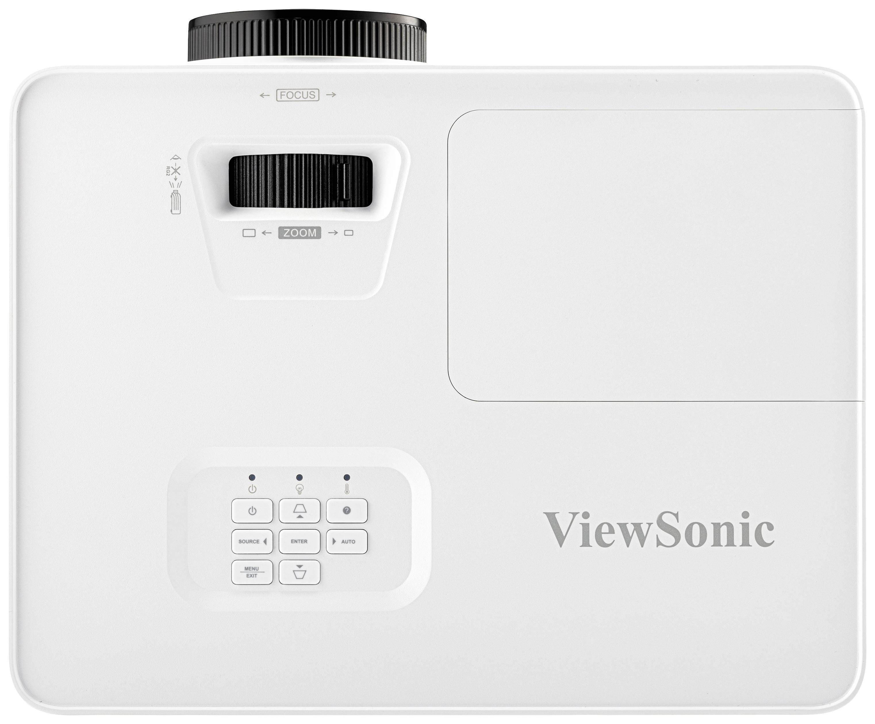 Bílý projektor ViewSonic pohledem shora, s ovládacími prvky pro zoom a zaostření, ovládacím panelem a větracími otvory.