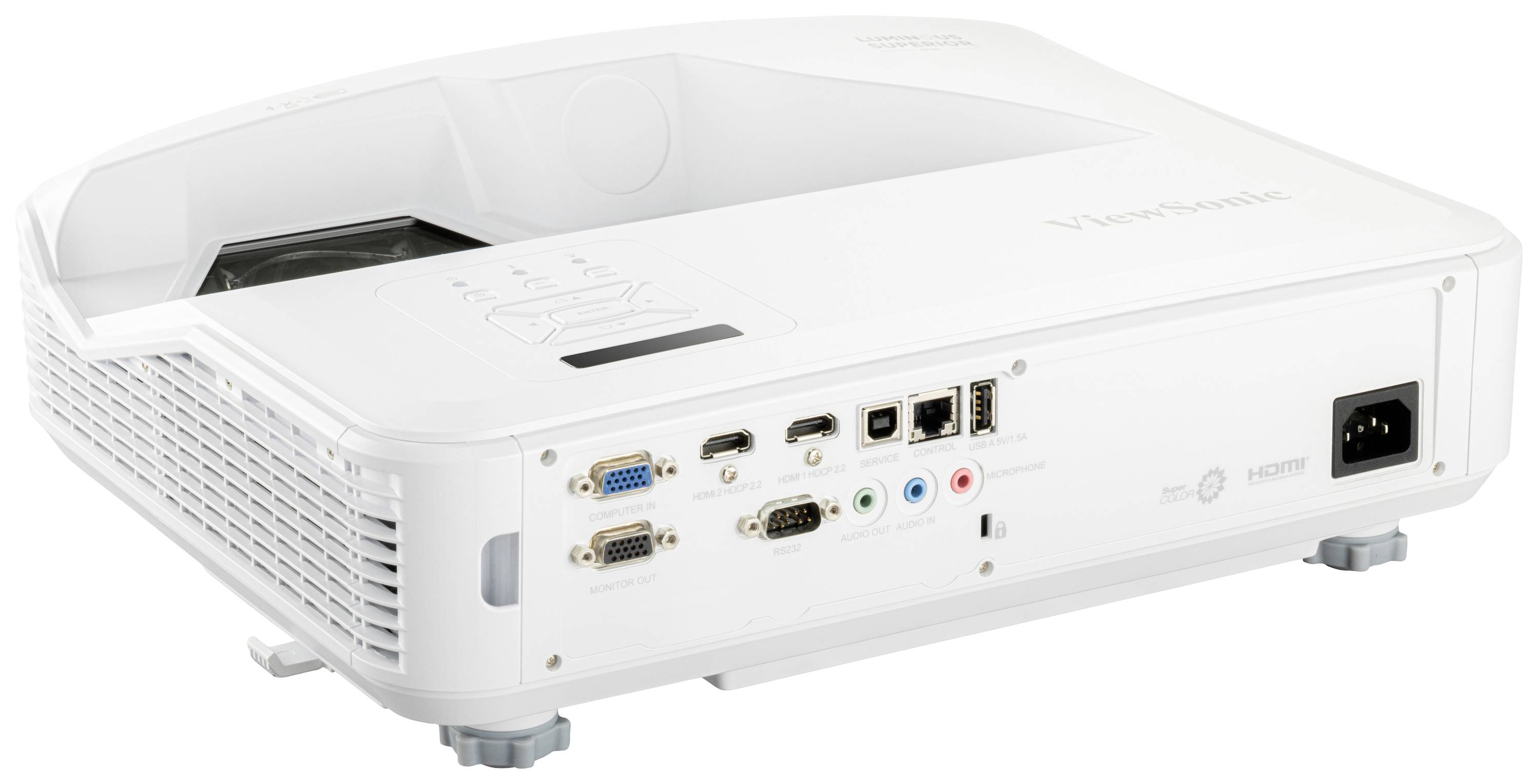 Bílý projektor s různými možnostmi připojení na zadní straně, včetně HDMI, VGA a USB portů.