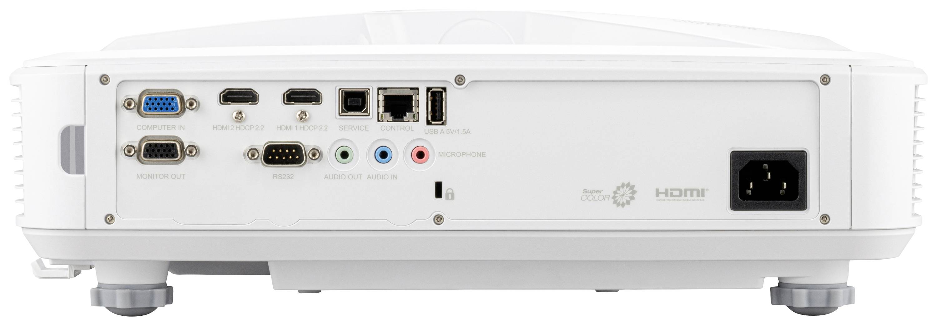Zadní pohled projektoru s různými konektory: VGA, HDMI, USB, síťový port, audio vstupy a napájecí konektor.