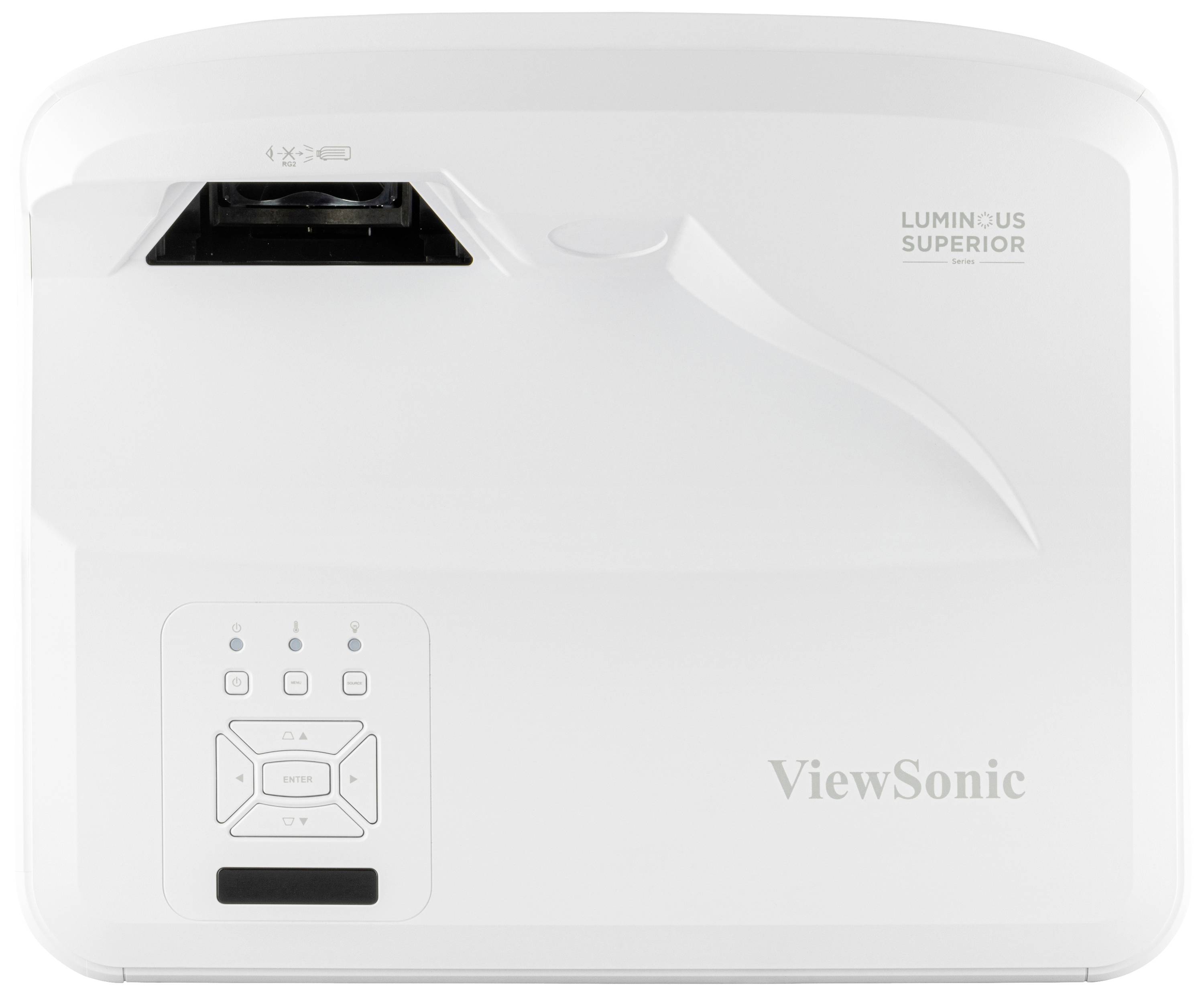 Bílý projektor ViewSonic s ovládacím panelem vpředu. Nahoře je nápis 'Luminous Superior'.