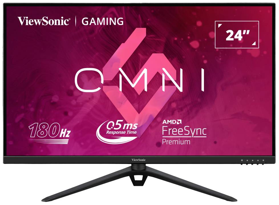 Herní monitor značky ViewSonic z řady 'OMNI'. Nabízí 180 Hz, reakční dobu 0,5 ms, úhlopříčku 24 palců a technologii FreeSync Premium.