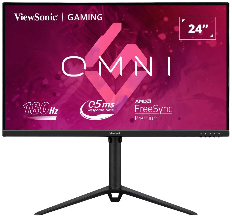 Herní monitor ViewSonic OMNI, 24 palců, červeno-černé pozadí, 180 Hz, reakční doba 0,5 ms, AMD FreeSync Premium.