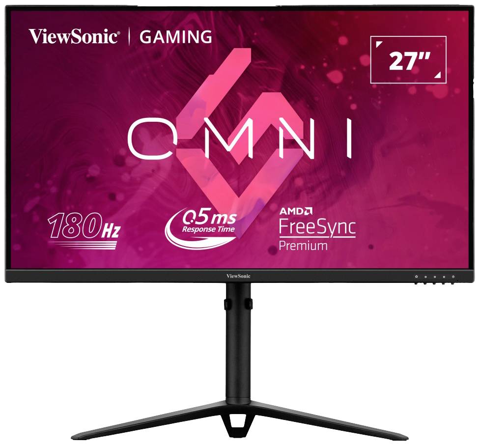 Herní monitor ViewSonic s 27palcovou obrazovkou, obnovovací frekvencí 180 Hz a technologií AMD FreeSync Premium, zobrazený v červeném tónu.