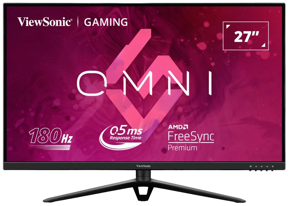 27palcový herní monitor od ViewSonic, hlavní vlastnosti: obnovovací frekvence 180 Hz, reakční doba 0,5 ms, AMD FreeSync Premium.
