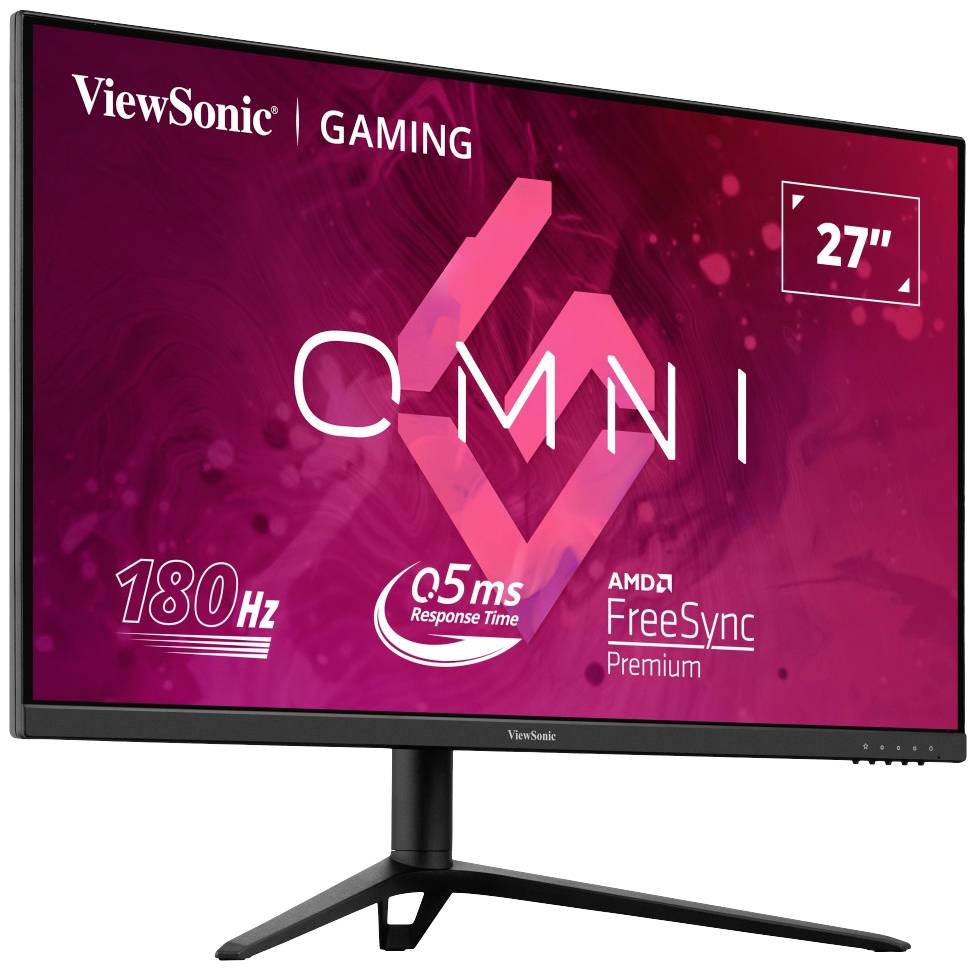 Herní monitor ViewSonic s 27palcovou obrazovkou. Vlastnosti: obnovovací frekvence 180 Hz, reakční doba 0,5 ms, AMD FreeSync Premium.
