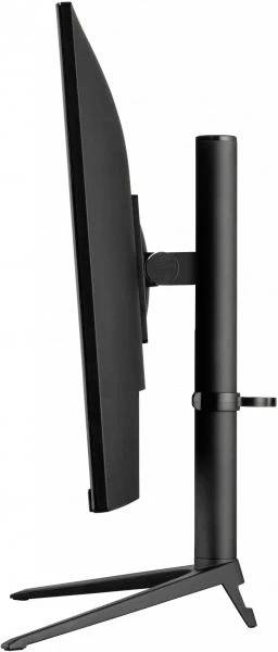 Boční pohled na černý počítačový monitor umístěný na výškově nastavitelném stojanu. Monitor je štíhlý a má moderní design.