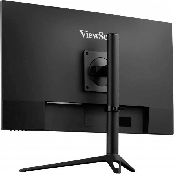 Pohled zezadu na černý monitor umístěný na stojanu, s názvem značky 'ViewSonic' na zadní straně.