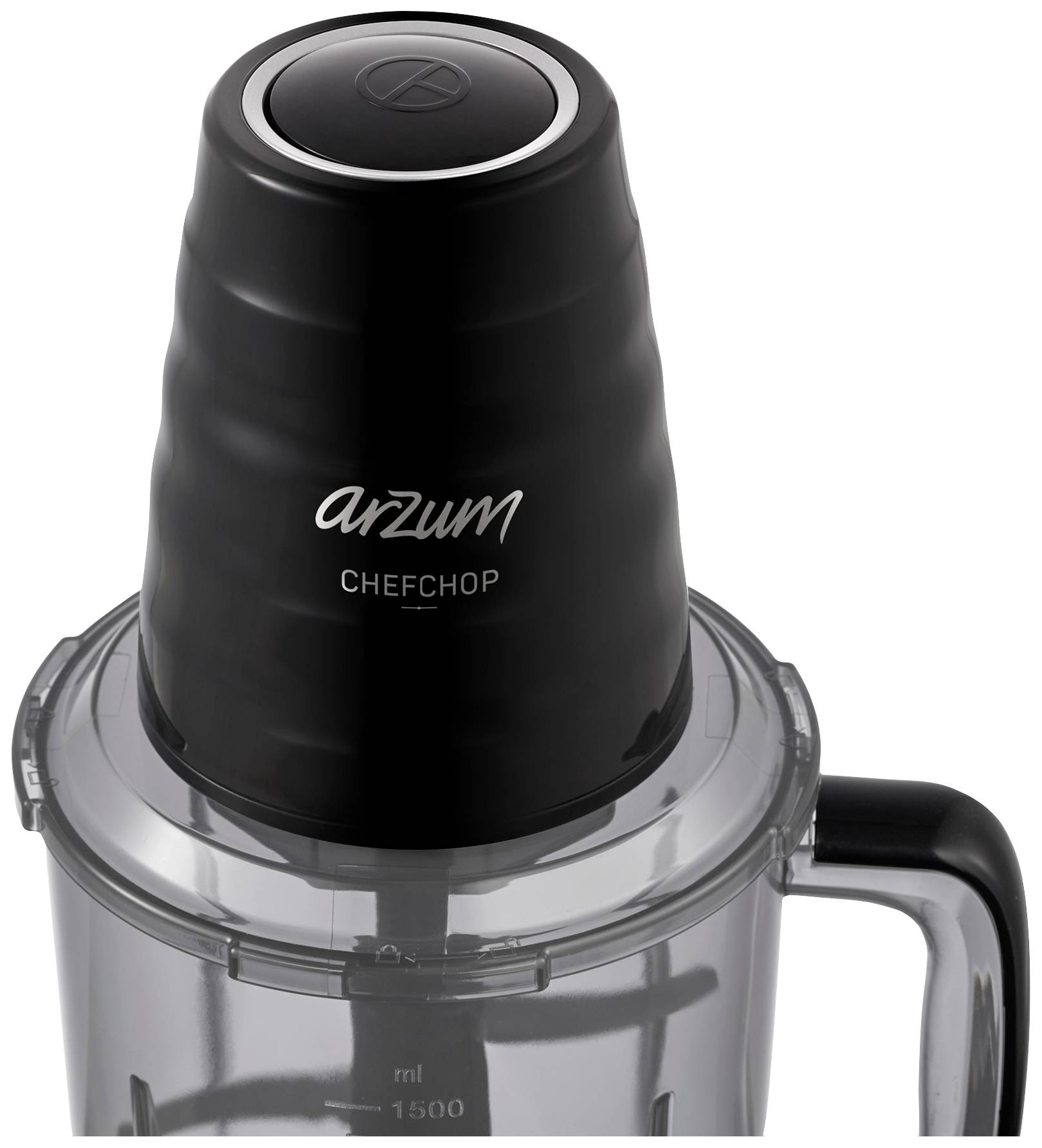 Černostříbrný elektrický drtič od značky 'Arzum' s průhlednou nádobou a stupnicí až do 1500 ml.
