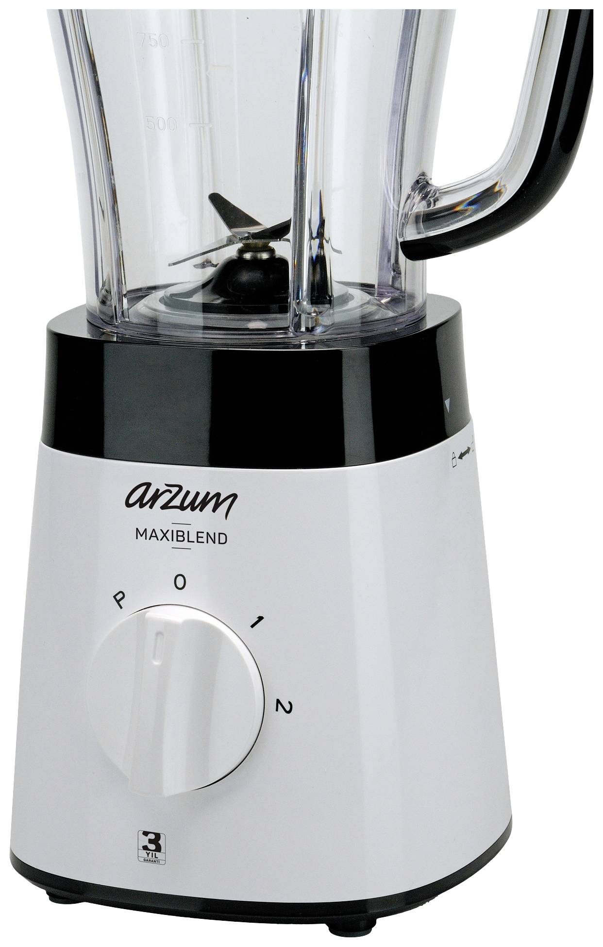 Bílý mixér s černým víkem a tlačítkem. Nápis 'arzum MAXIBLEND'. Tlačítko má nastavení 0, 1 a 2.