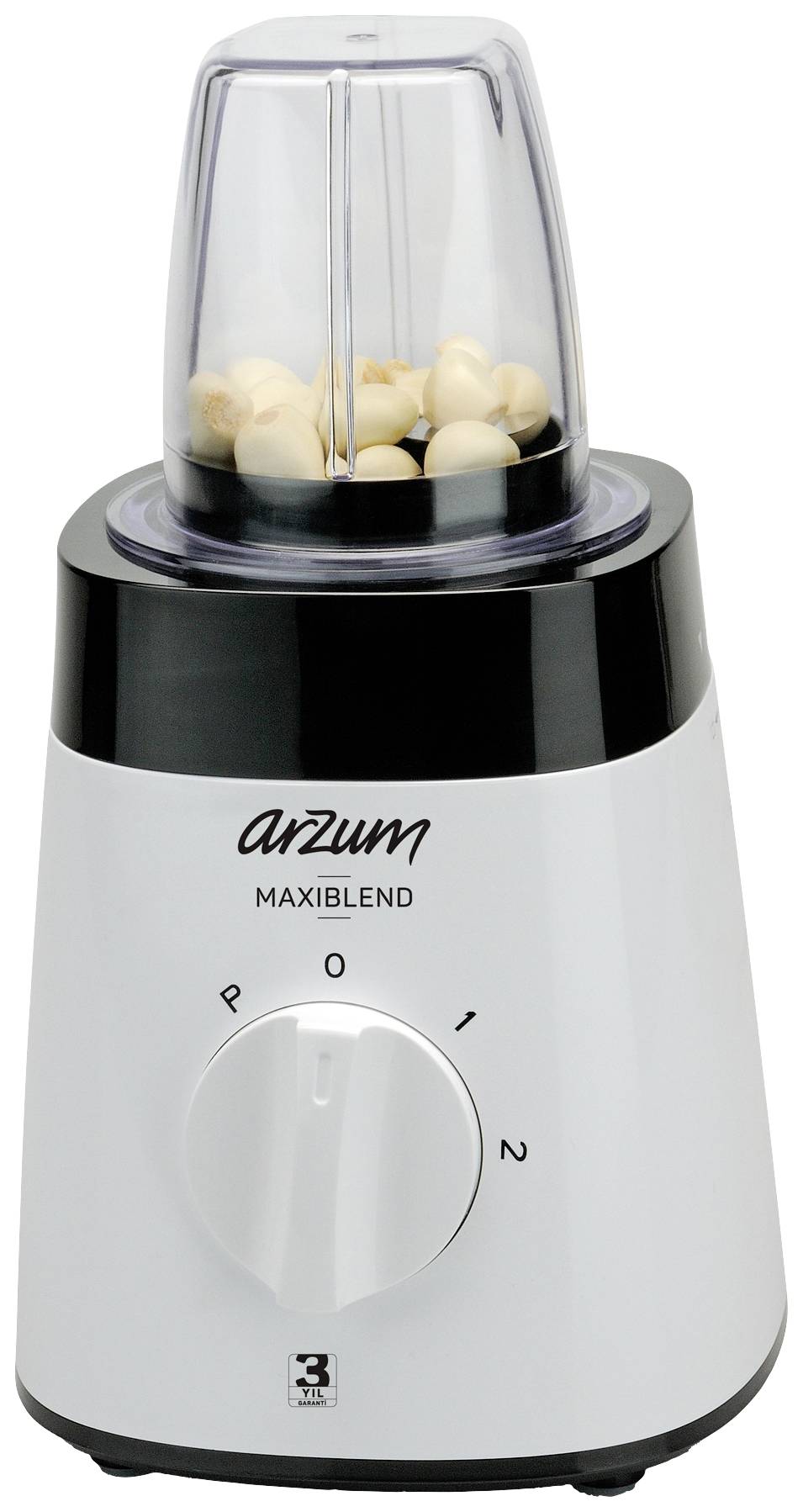 Bílý mixér s nápisem 'arzum Maxiblend', naplněný ořechy v průhledné mixovací nádobě. Otočný ovladač s polohami od 0 do 2.