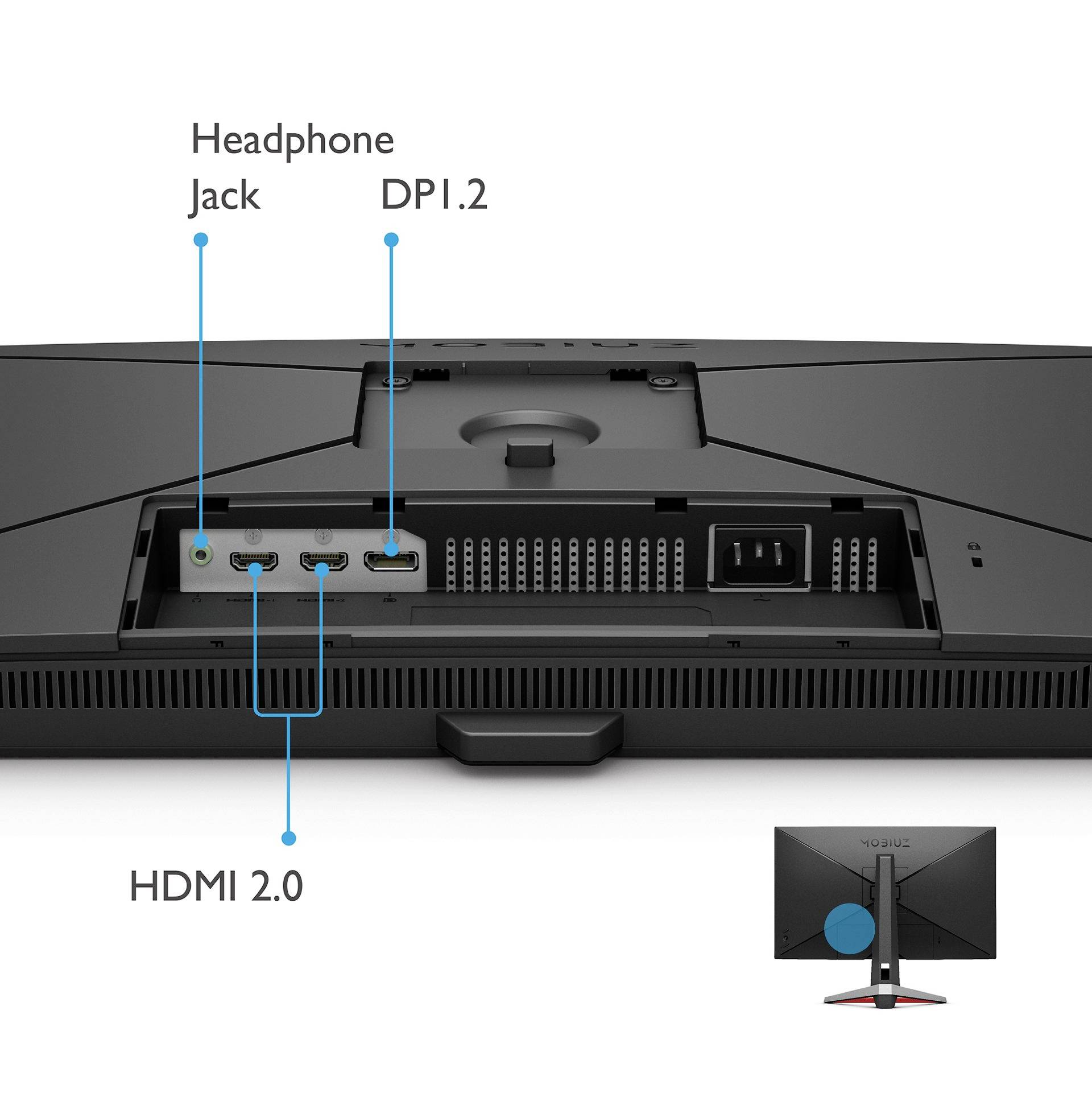 Monitorové porty: 'Sluchátkový jack', 'HDMI 2.0', 'DP1.2'. Zobrazuje zadní stranu monitoru se zvýrazněnými detaily připojení.