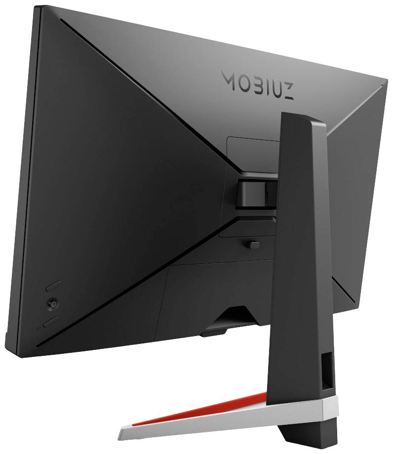 Černý počítačový monitor zezadu, umístěný na stabilním stojanu. Model 'MOBIUZ' je viditelný na zadní straně.