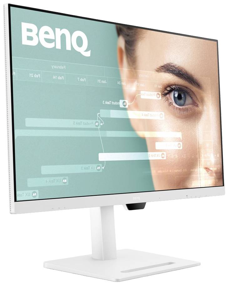 Bílý monitor BenQ s velkým displejem. Na obrazovce je vidět obličej s překrytými diagramy a daty.