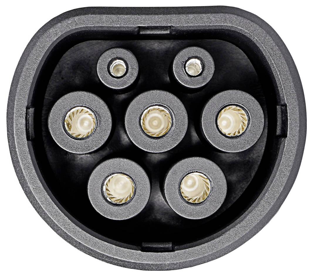 Elektrický konektor elektromobilu se sedmi kolmo uspořádanými kolíky, černé barvy, typický nabíjecí konektor pro elektromobily.