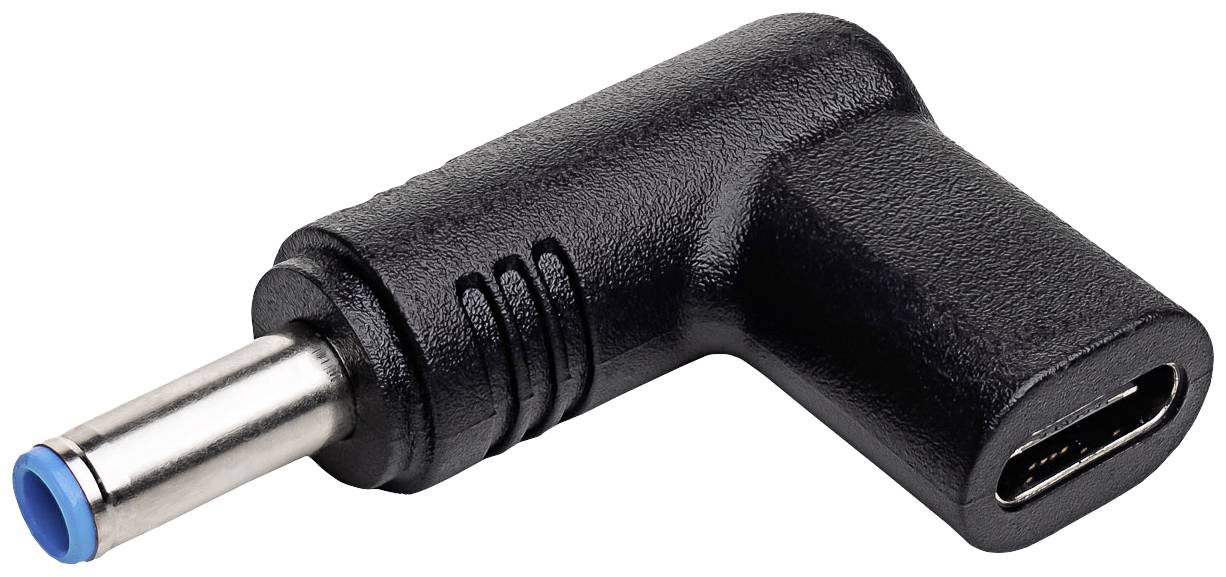 Černý 90stupňový adaptér s USB-C konektorem na jedné straně a dutou zástrčkou na straně druhé, určený pro nabíjení.