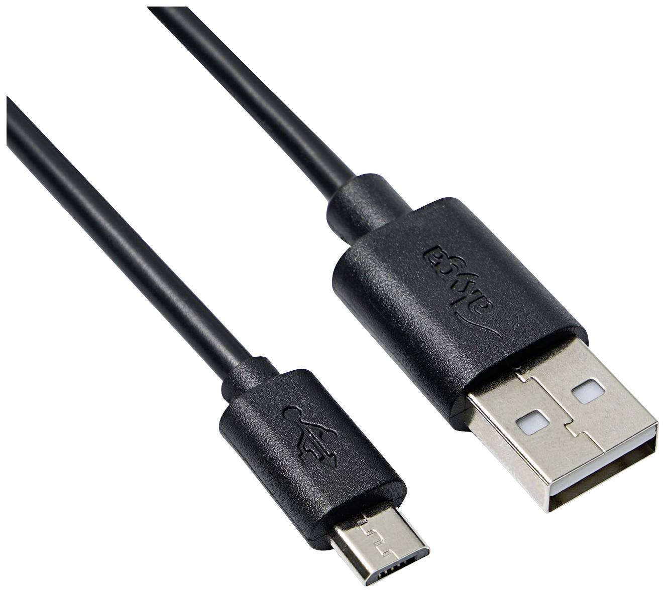 Černý USB kabel s konektory USB-A a Micro-USB, vhodný pro nabíjení nebo přenos dat u kompatibilních zařízení.