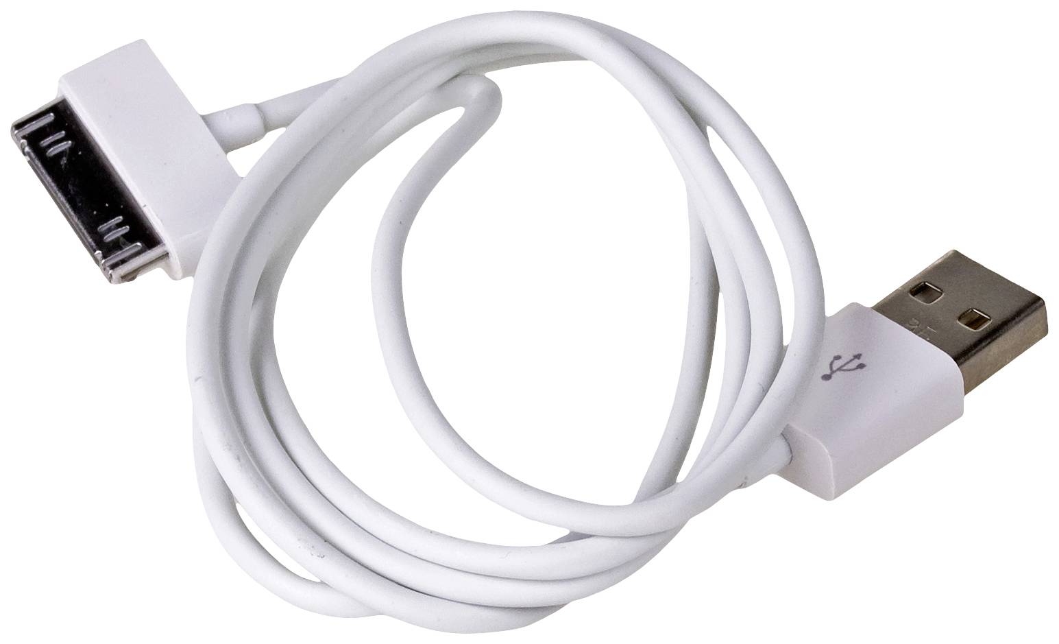 Bílý USB kabel s dokovým konektorem, svinutý do klubka. Vhodný pro nabíjení nebo přenos dat pro starší zařízení.
