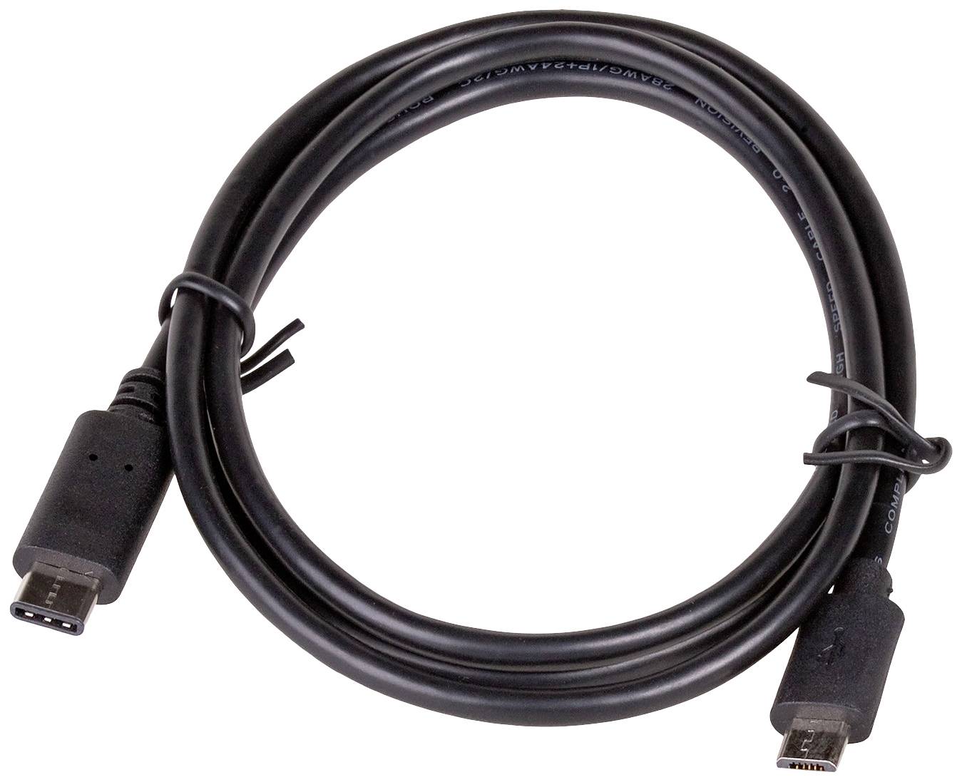 Černý USB-C na Micro-USB kabel, svinutý a připravený k použití pro připojení elektronických zařízení.
