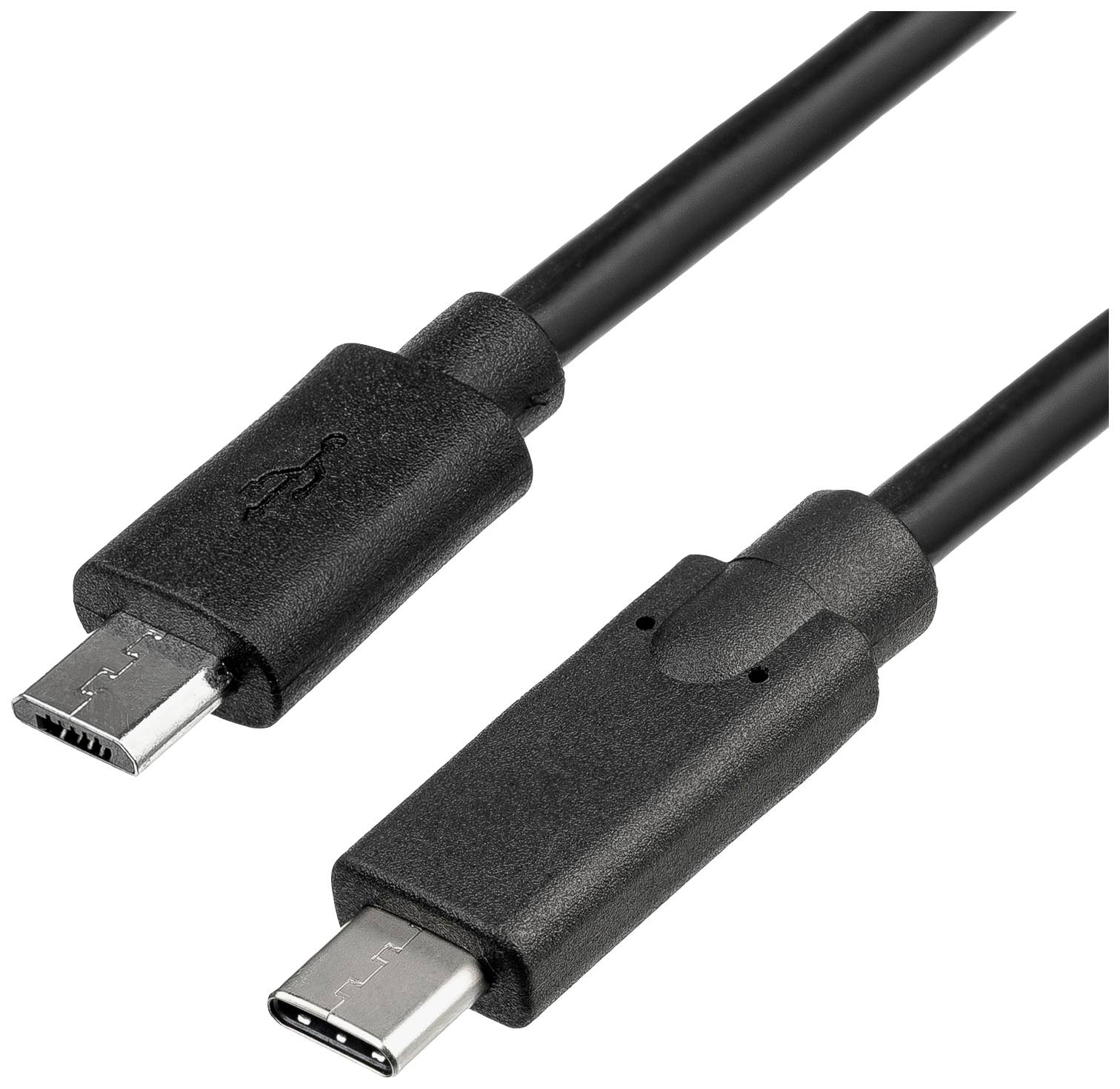 Černý kabel s konektorem USB-C na jedné straně a mikro-USB konektorem na straně druhé, určený pro přenos dat.