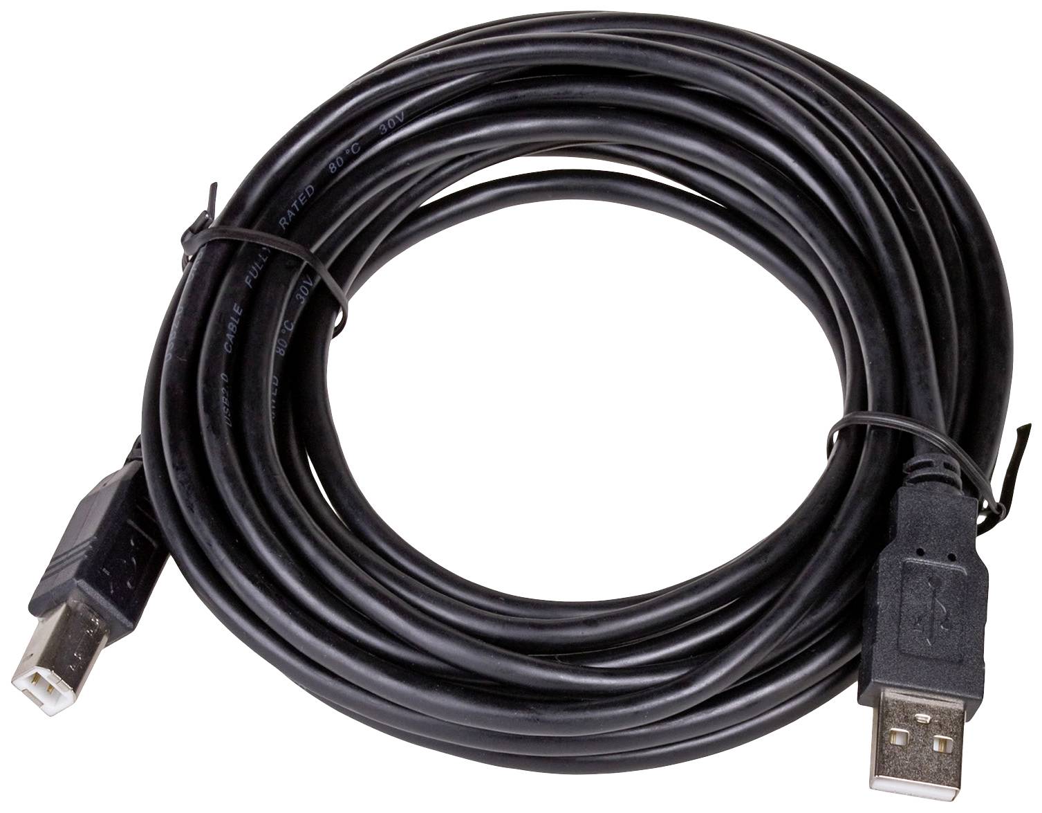 Černý USB kabel se dvěma koncovkami určený pro přenos dat nebo nabíjení zařízení.