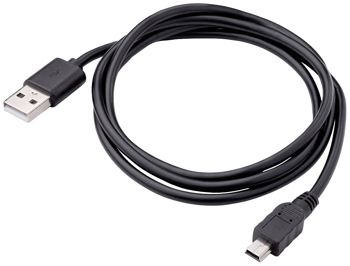 Černý USB kabel se standardním USB-A konektorem na jedné straně a mini-USB konektorem na straně druhé, položený do smyčky.