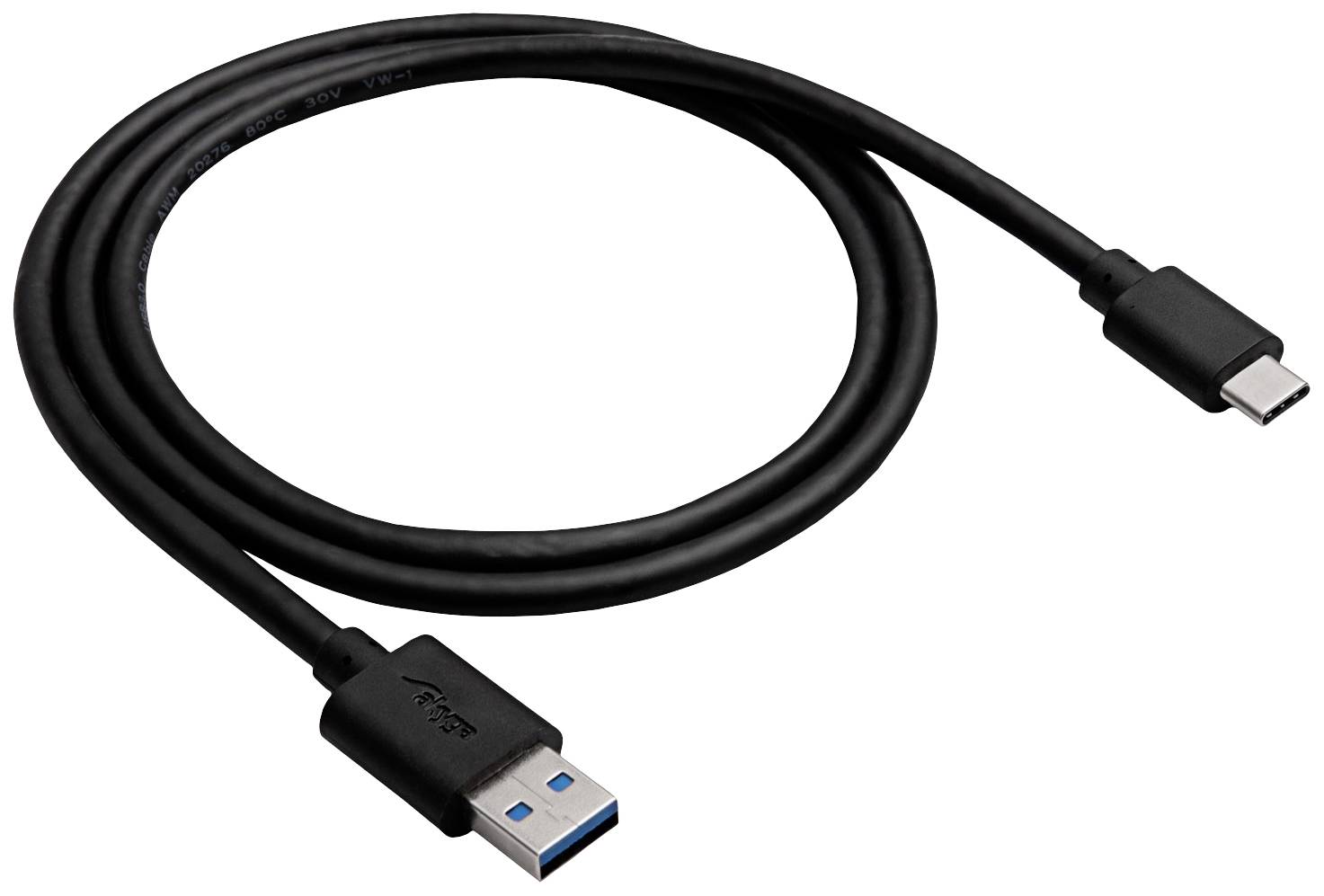 Černý USB kabel s USB-A konektorem na jedné straně a USB-C konektorem na straně druhé.