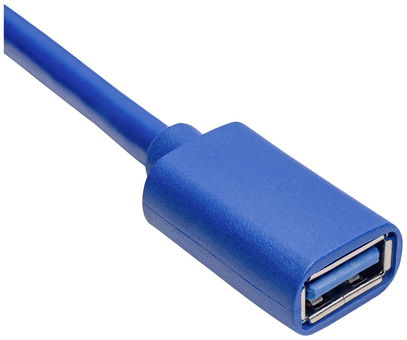 Modrý USB kabel s USB-A konektorem; zobrazuje pohled zepředu na konektor s viditelným kovovým kontaktem.