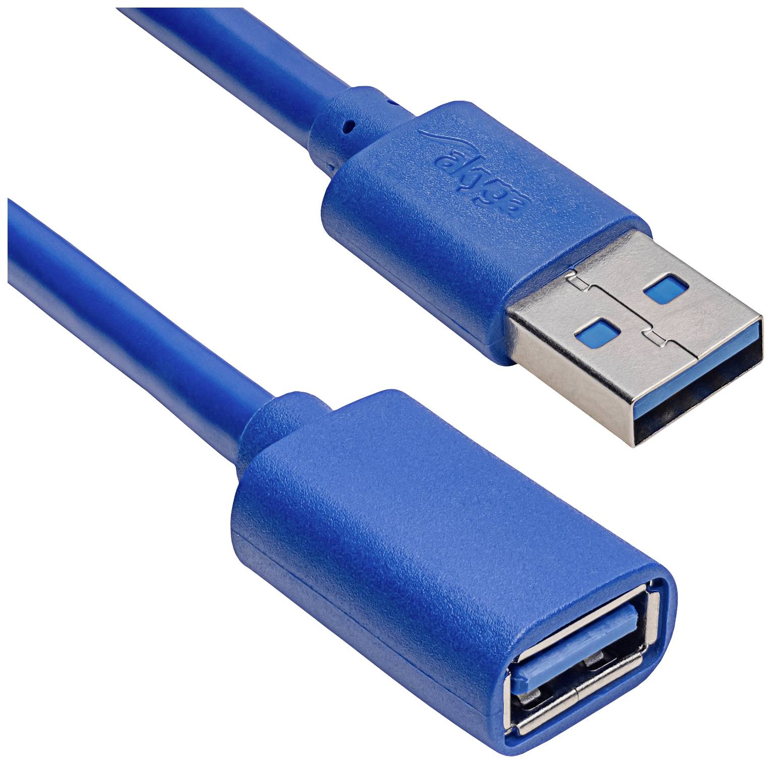 Modrý prodlužovací USB kabel s mužským a ženským konektorem, vhodný pro propojení zařízení s rozhraním USB.