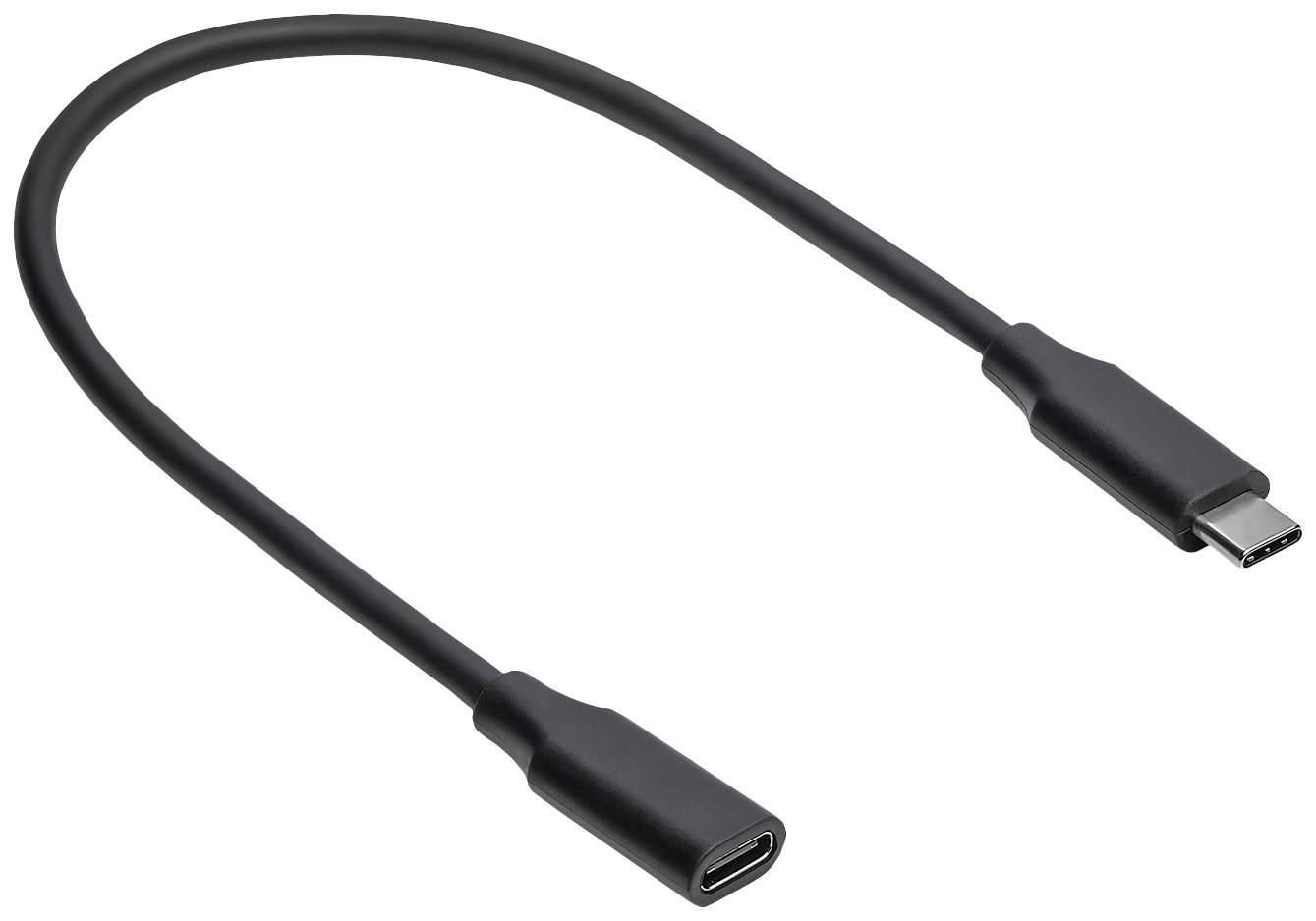 Černý prodlužovací USB-C kabel s jednou vidlicí a jednou zdířkou. Vhodný pro propojení nebo prodloužení zařízení s USB-C.