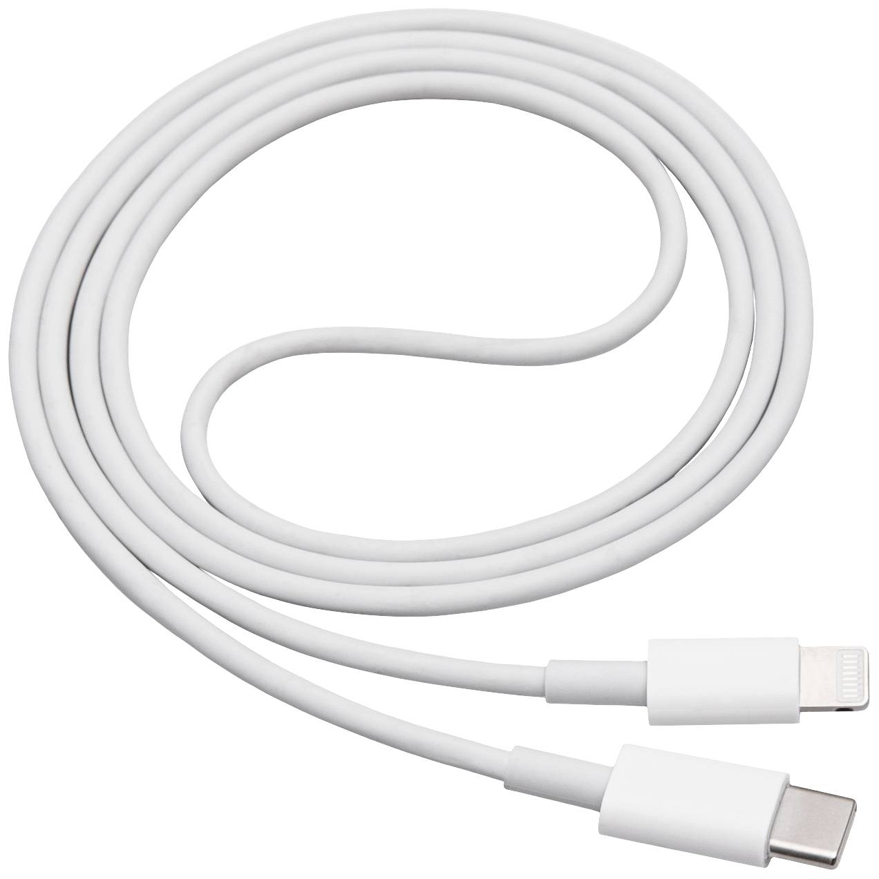 Bílý nabíjecí kabel USB-C na Lightning, navinutý na bílém pozadí. Vhodný pro nabíjení a synchronizaci zařízení Apple.