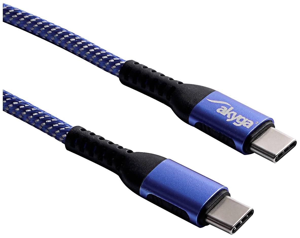 Modro-černý USB-C kabel s opletaným pláštěm. Oba konce jsou označeny nápisem 'akyga'.