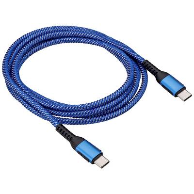 Modré pletené USB-C kabel s kovovými konektory, vhodné pro nabíjení a přenos dat.