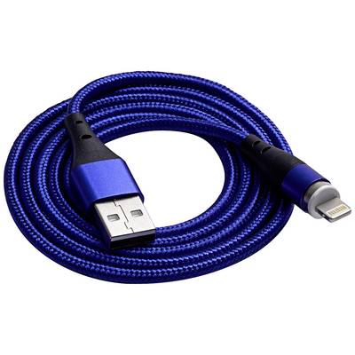 Modrý opletený USB kabel s USB konektorem na jednom konci a Lightning konektorem na konci druhém.