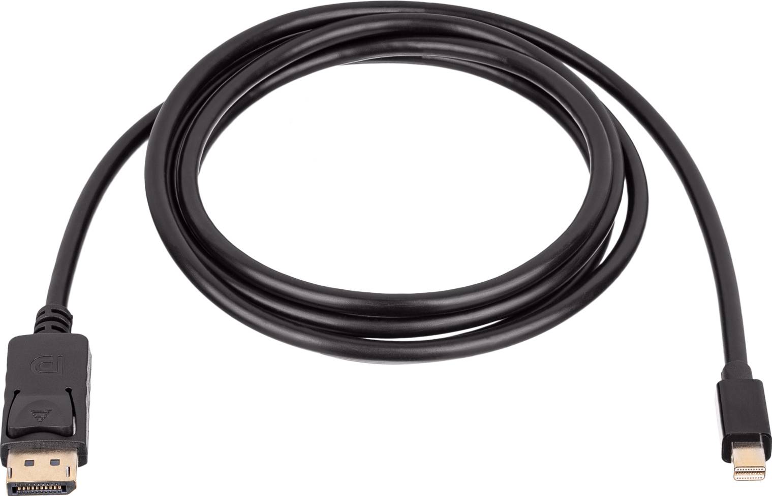 Černý kabel s konektory DisplayPort a Mini DisplayPort pro připojení počítačů k monitorům nebo jiným zařízením.