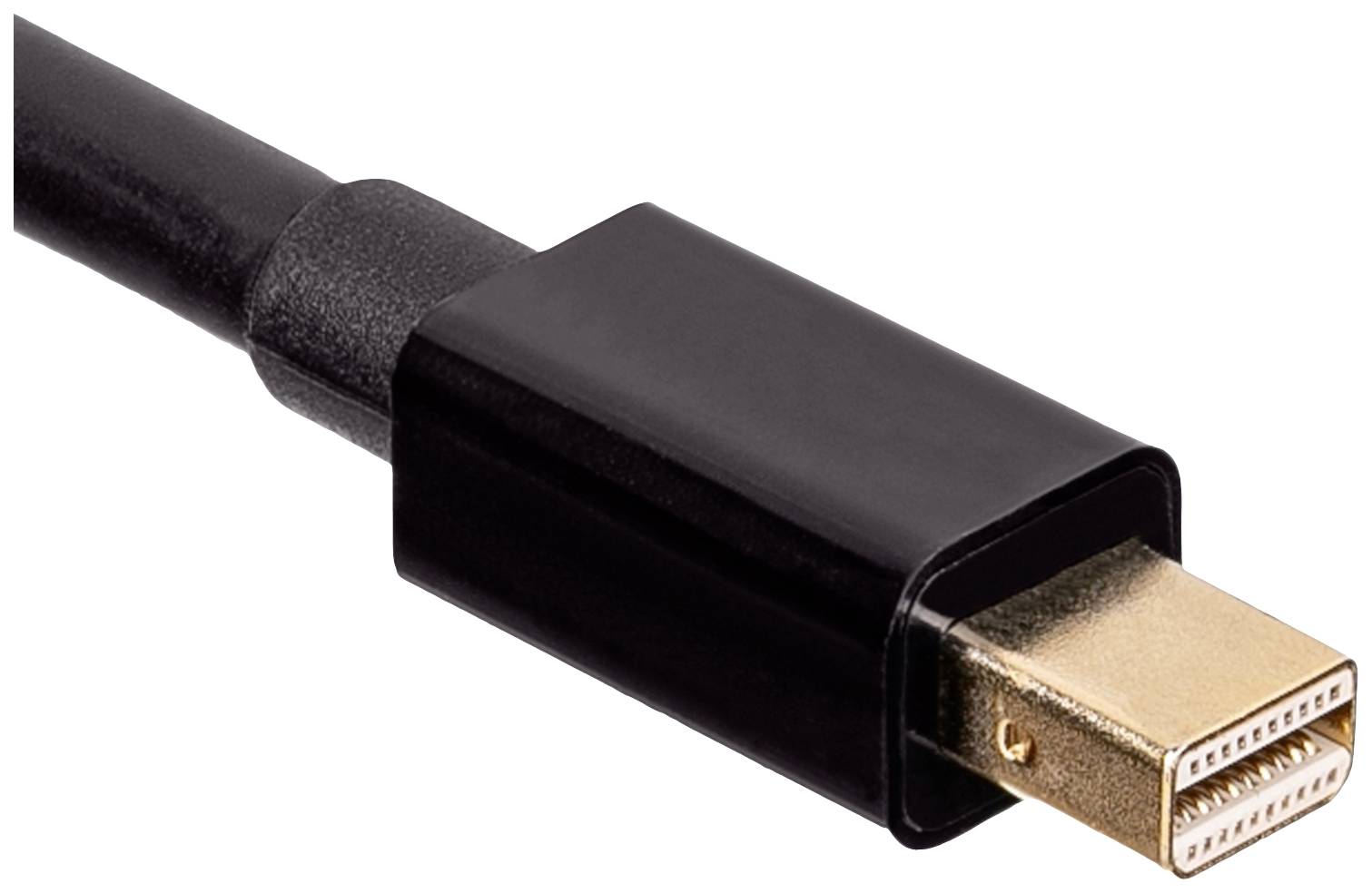 Černý kabel s pozlaceným miniaturním konektorem DisplayPort.