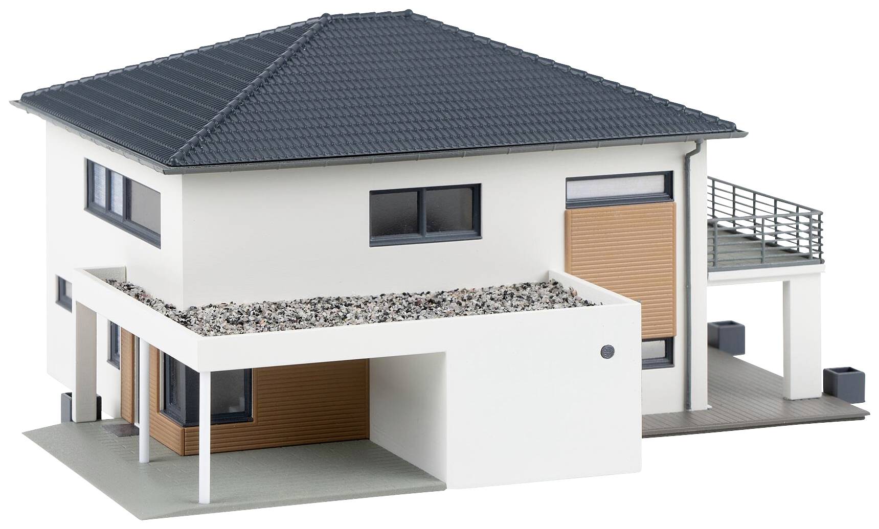 Moderní dvoupodlažní model domu s plochou střechou, velkými okny a dřevěným obložením. Minimalistický design s garáží.