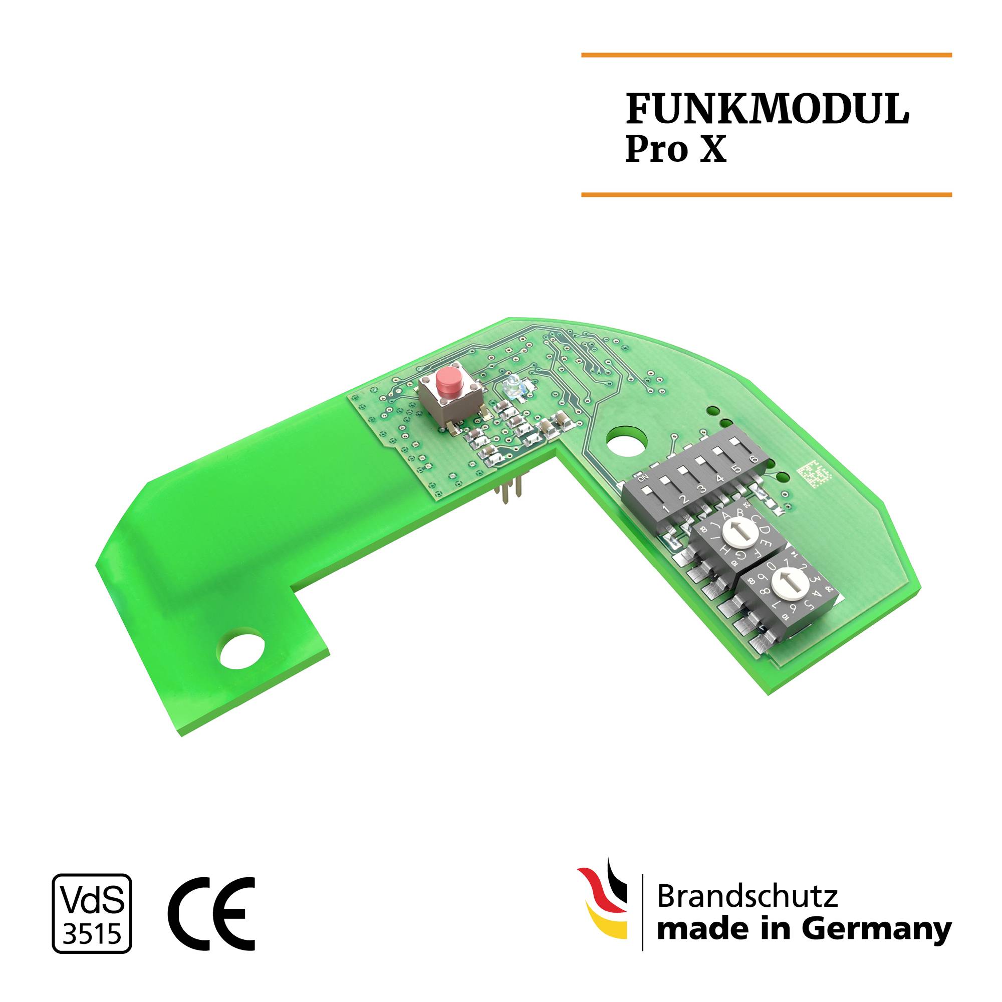Elektrický rádiový modul se zelenou deskou plošných spojů. Text "RÁDIOVÝ MODUL Pro X". Symboly VdS 3515 a CE, "Protipožární ochrana vyrobeno v Německu".