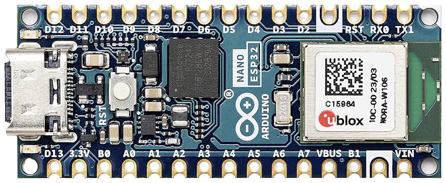 Mikrokontrolérová deska 'Arduino Nano ESP32' s USB portem, piny a čipem, vhodná pro elektronické projekty a programování.
