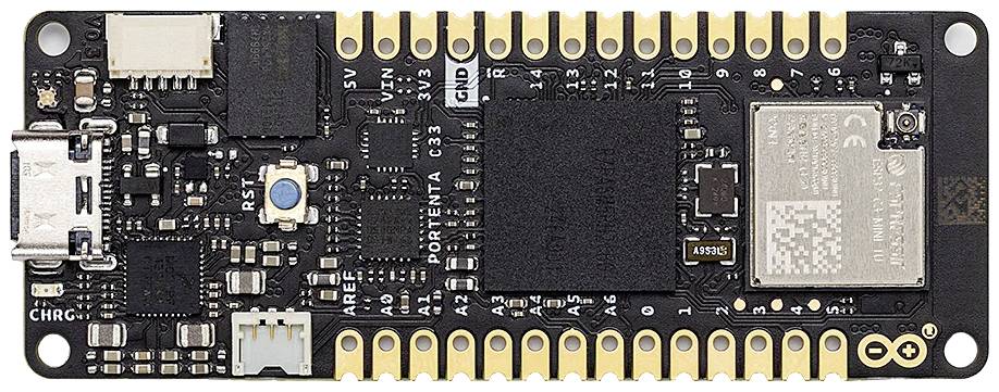 Elektronická deska s USB konektorem, mikrokontrolerem a WLAN modulem. Značení pro piny a konektory je viditelné.