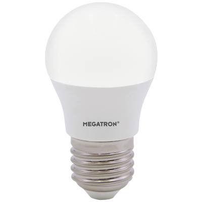 Bílá LED žárovka s nápisem 'MEGATRON', patice E27, pro energeticky úsporné osvětlení.
