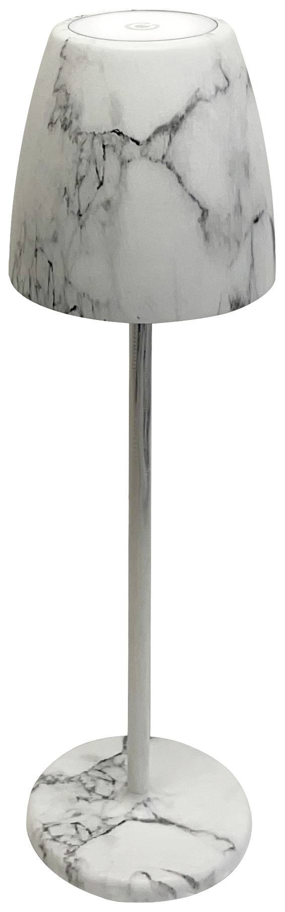 Stojací lampa s mramorovým vzhledem, štíhlá tyč, kulatá základna.