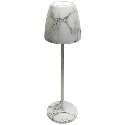 Stojací lampa s mramorovým vzhledem, štíhlá tyč, kulatá základna.
