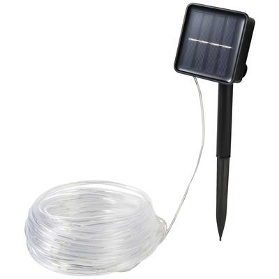 Solární lampa se zemním hrotem a průhledným světelným řetězem, ideální pro osvětlení zahrady v noci.